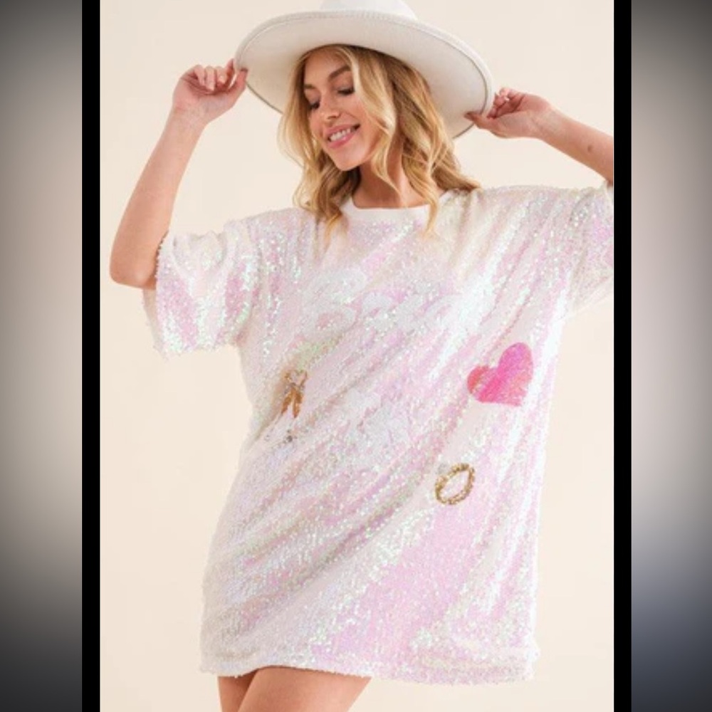 Shimmering Sequin T-Shirt Dress with Heart